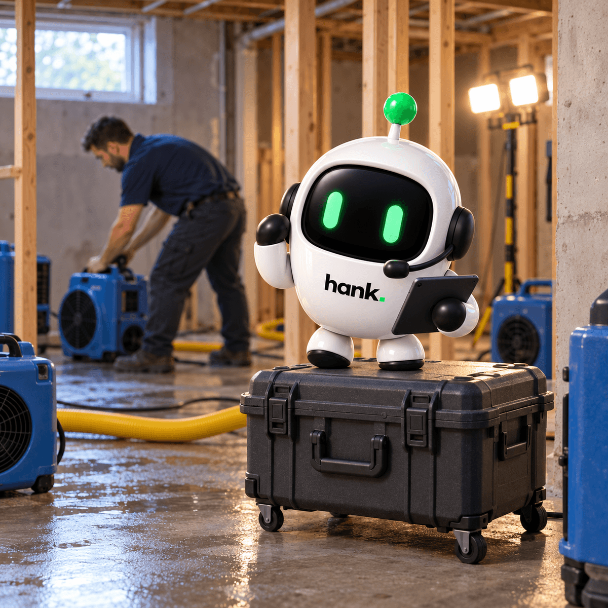 Hank handles a call while a restoration technician sets up drying equipment