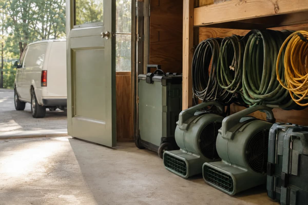 Restoration equipment ready for the day in a sunlit workshop